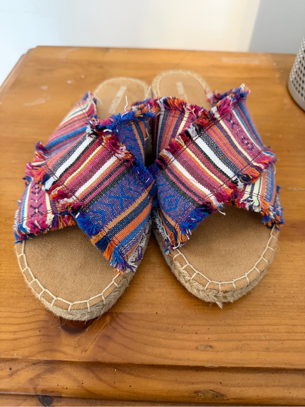 Minnetonka Multicolor Striped Fringed Slide Sandals - Pink & Blue